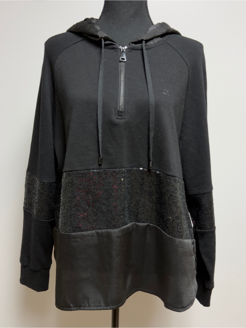 DKNY Black Sequined & Satin Mixed Media Quarter Zip Hoodie - Size L